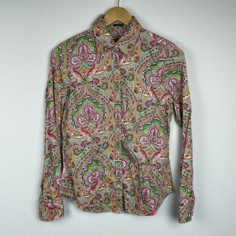 Talbots Women's Paisley Button-Up Shirt Size 4 Green & Red Stretch Fabric‎